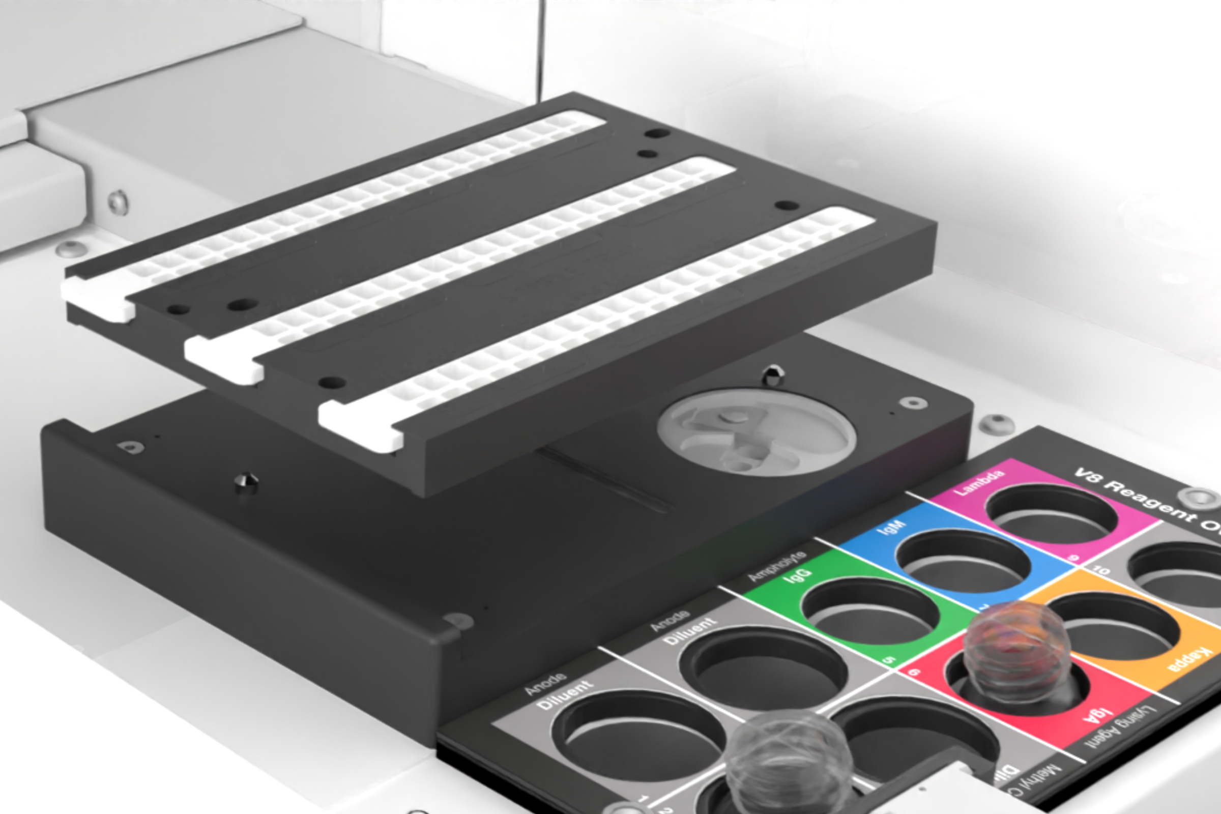 Image showing a SAS sample tray being removed from the V8 UltraCE sample preparation area.