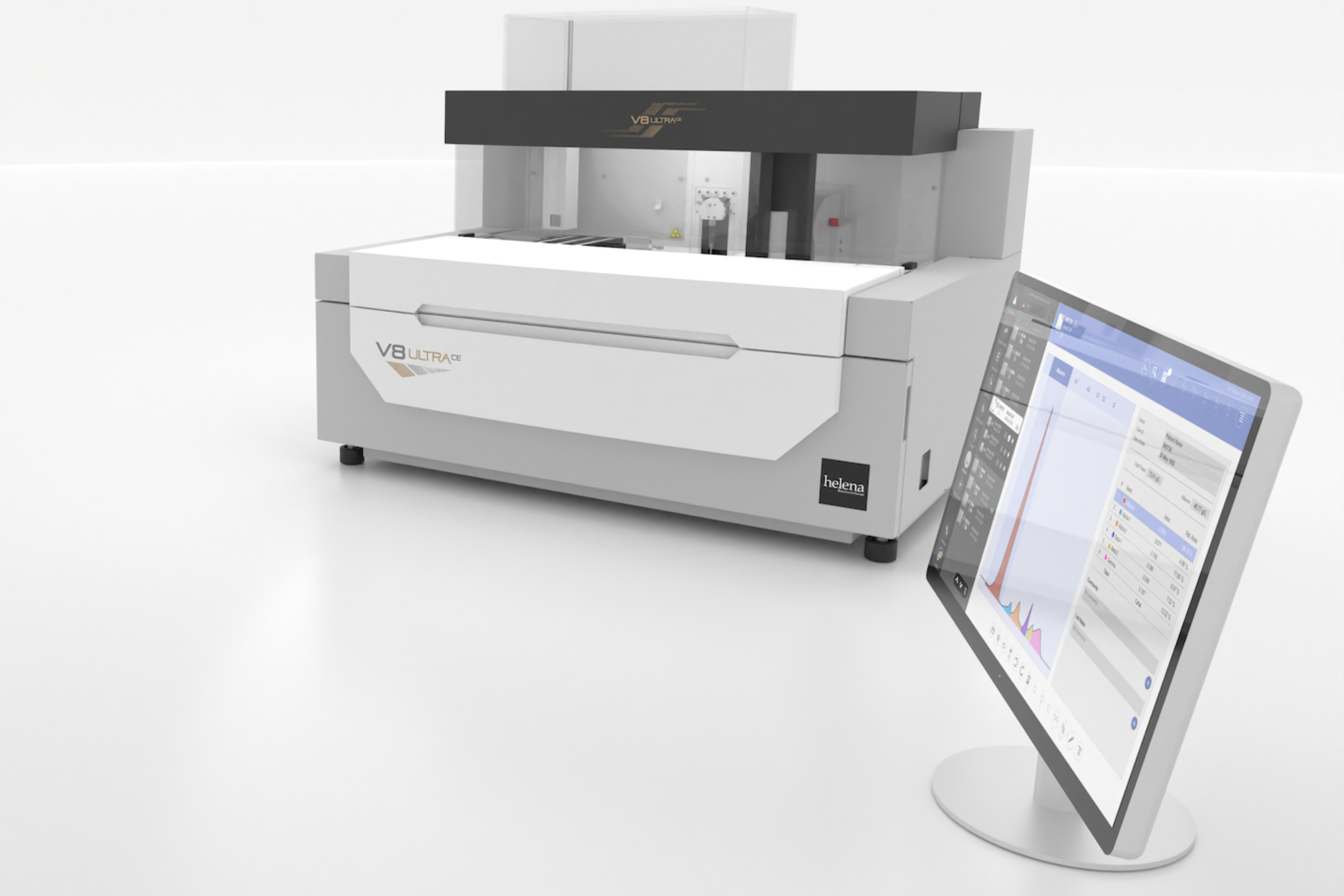 V8 UltraCE analyser alongside a touchscreen display showing Platinum 6.2 software, on a bright white plane.